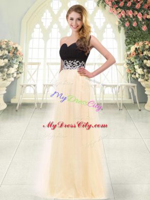 Fantastic Champagne Tulle Zipper Sweetheart Sleeveless Floor Length Prom Dresses Appliques