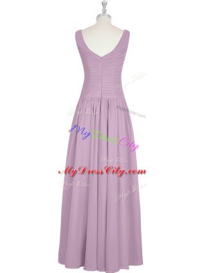 Romantic Purple A-line Chiffon V-neck Sleeveless Ruching Floor Length Zipper Evening Dress