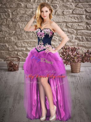 Sleeveless High Low Embroidery Lace Up Prom Party Dress with Purple