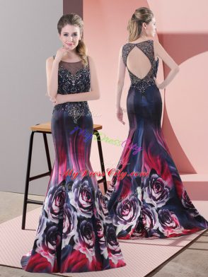 Beading Prom Dress Multi-color Backless Sleeveless Sweep Train