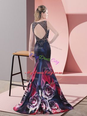 Beading Prom Dress Multi-color Backless Sleeveless Sweep Train