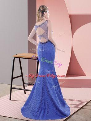 Customized Beading Prom Gown Turquoise Backless Sleeveless Sweep Train