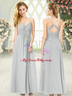 Fantastic Grey Empire Spaghetti Straps Sleeveless Chiffon Ankle Length Criss Cross Ruching Prom Party Dress