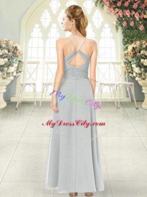 Fantastic Grey Empire Spaghetti Straps Sleeveless Chiffon Ankle Length Criss Cross Ruching Prom Party Dress