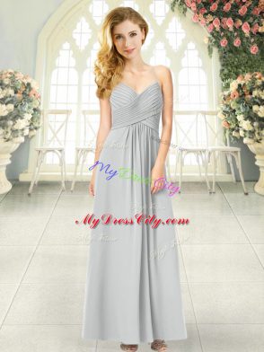 Fantastic Grey Empire Spaghetti Straps Sleeveless Chiffon Ankle Length Criss Cross Ruching Prom Party Dress