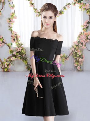 Satin Off The Shoulder Short Sleeves Zipper Ruching Quinceanera Dama Dress in Black