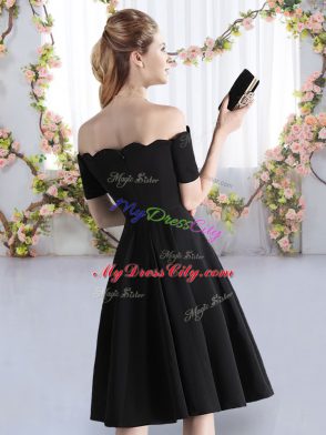 Satin Off The Shoulder Short Sleeves Zipper Ruching Quinceanera Dama Dress in Black