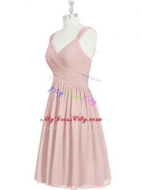 Pink Lace Up Straps Ruching Prom Gown Chiffon Sleeveless