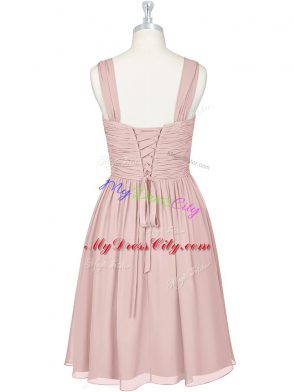 Pink Lace Up Straps Ruching Prom Gown Chiffon Sleeveless