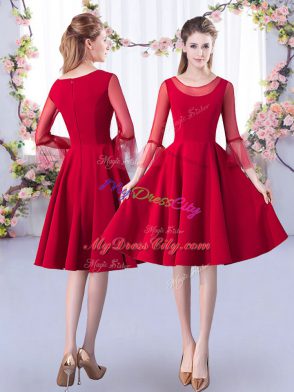 Unique Red A-line Scoop 3 4 Length Sleeve Satin Knee Length Zipper Ruching Quinceanera Court of Honor Dress