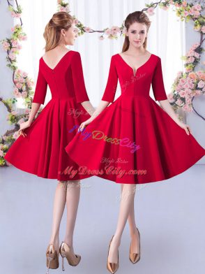 Unique Red A-line Scoop 3 4 Length Sleeve Satin Knee Length Zipper Ruching Quinceanera Court of Honor Dress