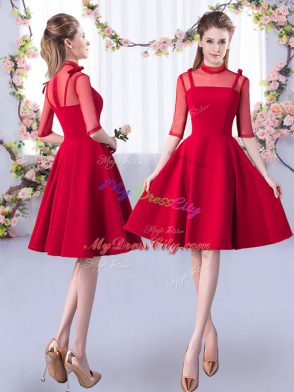 Unique Red A-line Scoop 3 4 Length Sleeve Satin Knee Length Zipper Ruching Quinceanera Court of Honor Dress