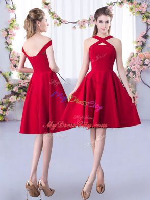 Unique Red A-line Scoop 3 4 Length Sleeve Satin Knee Length Zipper Ruching Quinceanera Court of Honor Dress