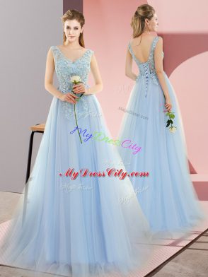 Extravagant Empire Sleeveless Blue Sweep Train Lace Up