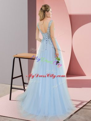 Extravagant Empire Sleeveless Blue Sweep Train Lace Up