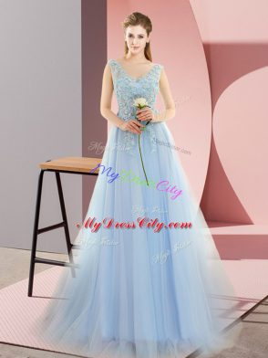 Extravagant Empire Sleeveless Blue Sweep Train Lace Up