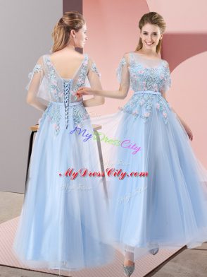 Light Blue Short Sleeves Floor Length Appliques Lace Up Evening Dress