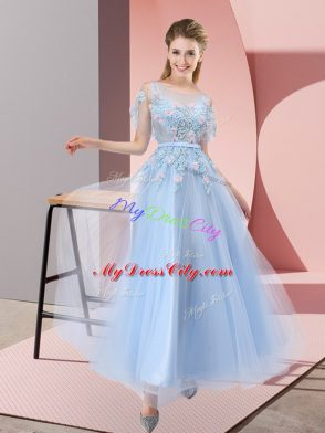 Light Blue Short Sleeves Floor Length Appliques Lace Up Evening Dress