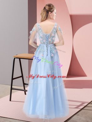 Light Blue Short Sleeves Floor Length Appliques Lace Up Evening Dress