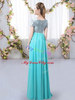 Free and Easy Green Short Sleeves Sequins Floor Length Quinceanera Court of Honor Dress