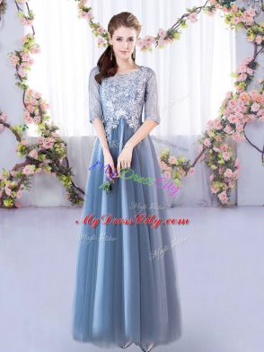 Blue Half Sleeves Tulle Lace Up Quinceanera Court of Honor Dress for Prom and Party and Wedding Party