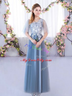 Blue Half Sleeves Tulle Lace Up Quinceanera Court of Honor Dress for Prom and Party and Wedding Party