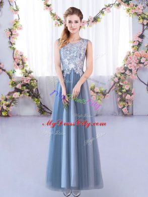 Blue Half Sleeves Tulle Lace Up Quinceanera Court of Honor Dress for Prom and Party and Wedding Party