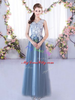 Blue Half Sleeves Tulle Lace Up Quinceanera Court of Honor Dress for Prom and Party and Wedding Party