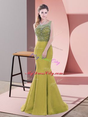 Satin Scoop Sleeveless Sweep Train Backless Beading and Lace Prom Dress in Olive Green