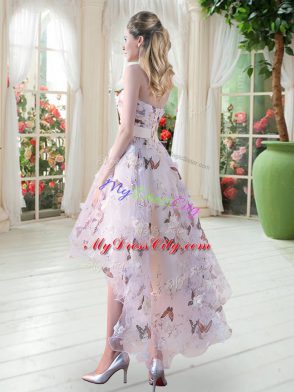 Delicate Sleeveless Organza High Low Lace Up Prom Dresses in White with Appliques