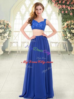 Colorful Royal Blue Two Pieces Chiffon Straps Sleeveless Beading and Lace Floor Length Zipper Prom Gown