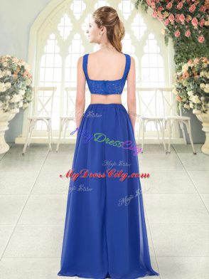 Colorful Royal Blue Two Pieces Chiffon Straps Sleeveless Beading and Lace Floor Length Zipper Prom Gown