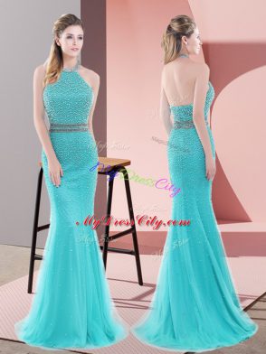 Stylish Aqua Blue Homecoming Dress Prom and Party with Beading Halter Top Sleeveless Sweep Train Backless