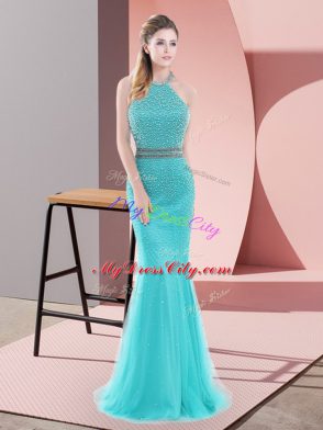 Stylish Aqua Blue Homecoming Dress Prom and Party with Beading Halter Top Sleeveless Sweep Train Backless