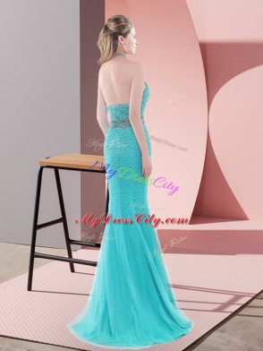 Stylish Aqua Blue Homecoming Dress Prom and Party with Beading Halter Top Sleeveless Sweep Train Backless