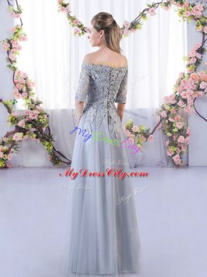 Fine Floor Length Lace Up Damas Dress Grey for Prom and Party with Appliques