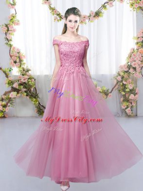 Artistic Tulle Off The Shoulder Sleeveless Lace Up Lace Dama Dress in Pink