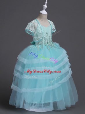 Hot Selling Aqua Blue Ball Gowns Appliques Toddler Flower Girl Dress Zipper Tulle Sleeveless Floor Length