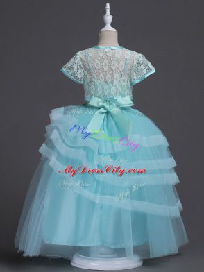 Hot Selling Aqua Blue Ball Gowns Appliques Toddler Flower Girl Dress Zipper Tulle Sleeveless Floor Length