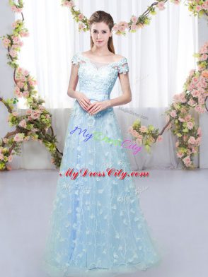 Blue Empire Tulle Off The Shoulder Cap Sleeves Appliques Floor Length Lace Up Bridesmaid Dress