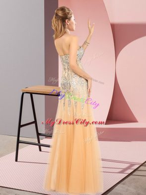 Suitable Orange Column/Sheath Tulle Sweetheart Sleeveless Beading Floor Length Zipper Evening Dress