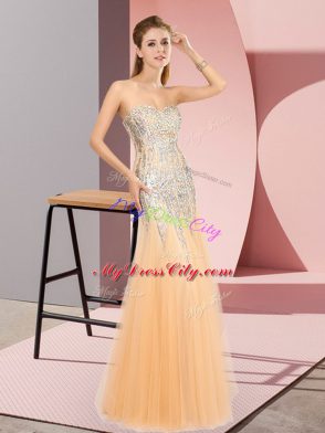 Suitable Orange Column/Sheath Tulle Sweetheart Sleeveless Beading Floor Length Zipper Evening Dress