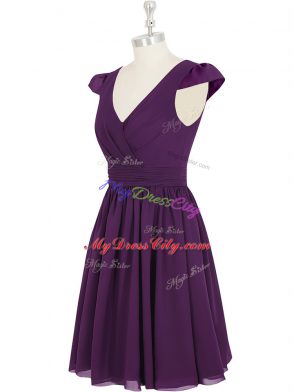 Ruching Prom Evening Gown Purple Zipper Cap Sleeves Mini Length