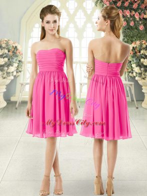 High Class Sleeveless Knee Length Ruching Zipper Evening Dress with Pink