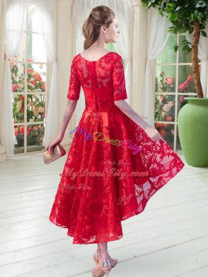 Red Prom Dresses Prom and Party with Lace Scoop Half Sleeves Zipper