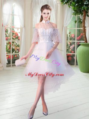 High Low White Prom Party Dress High-neck Half Sleeves Zipper