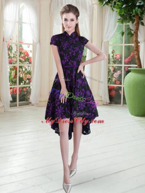 Short Sleeves Lace High Low Lace Up Prom Dress in Purple with Appliques