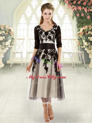 Elegant V-neck Half Sleeves Tulle Homecoming Dress Appliques Lace Up