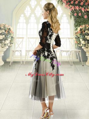 Elegant V-neck Half Sleeves Tulle Homecoming Dress Appliques Lace Up