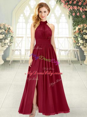 Fashionable Wine Red Empire Halter Top Sleeveless Chiffon Ankle Length Zipper Ruching Homecoming Dress